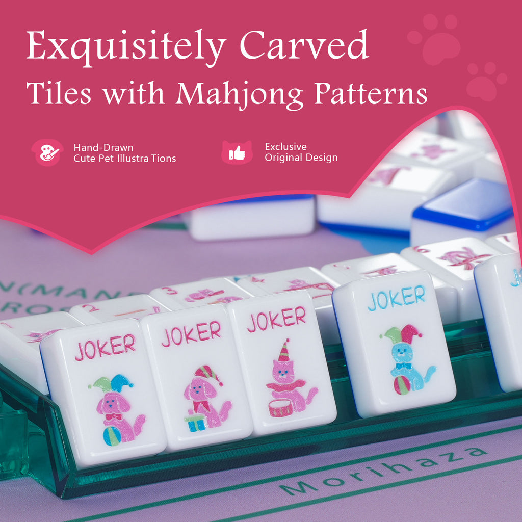 Dogs and Cats Themed Mahjong Tile Set - American Mahjong Travel Set with 160 Acrylic engraved Tiles & Dice | Novelty Animal Themed Game for Family | Unique Gift for Pet Lovers and Mahjong Enthusiasts