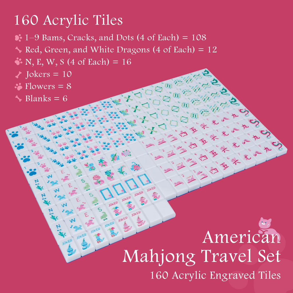 Dogs and Cats Themed Mahjong Tile Set - American Mahjong Travel Set with 160 Acrylic engraved Tiles & Dice | Novelty Animal Themed Game for Family | Unique Gift for Pet Lovers and Mahjong Enthusiasts