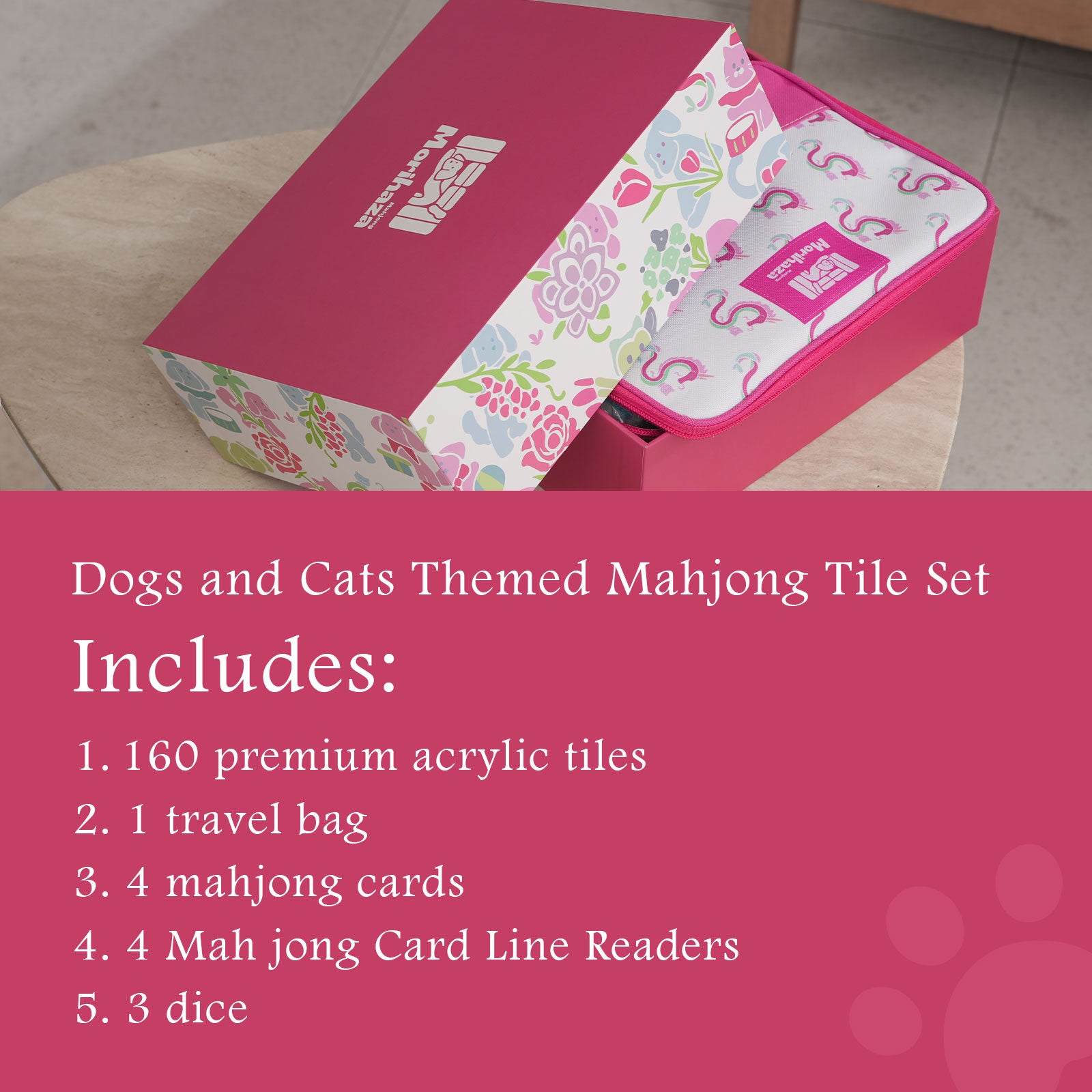 Dogs and Cats Themed Mahjong Tile Set - American Mahjong Travel Set with 160 Acrylic engraved Tiles & Dice | Novelty Animal Themed Game for Family | Unique Gift for Pet Lovers and Mahjong Enthusiasts