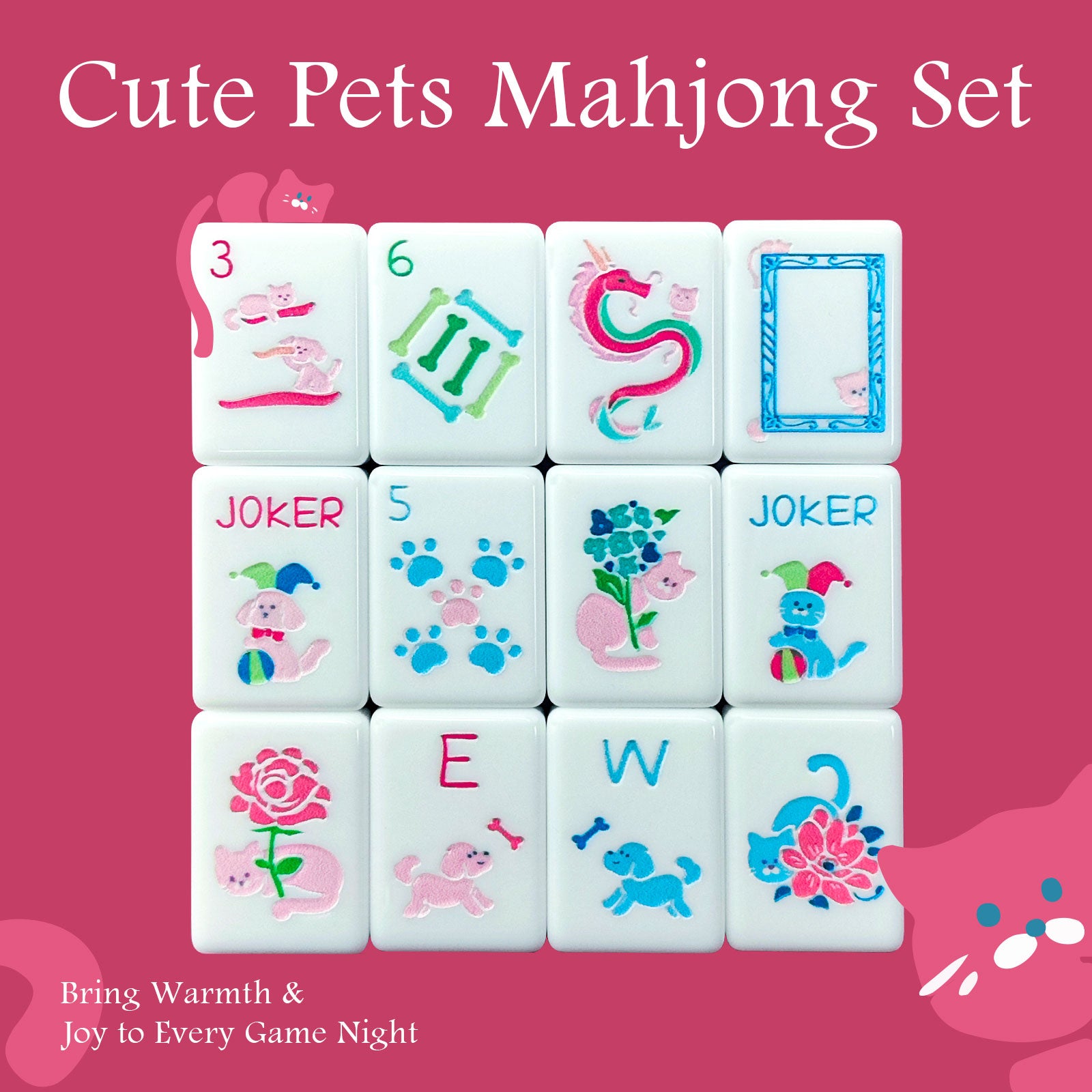 Dogs and Cats Themed Mahjong Tile Set - American Mahjong Travel Set with 160 Acrylic engraved Tiles & Dice | Novelty Animal Themed Game for Family | Unique Gift for Pet Lovers and Mahjong Enthusiasts