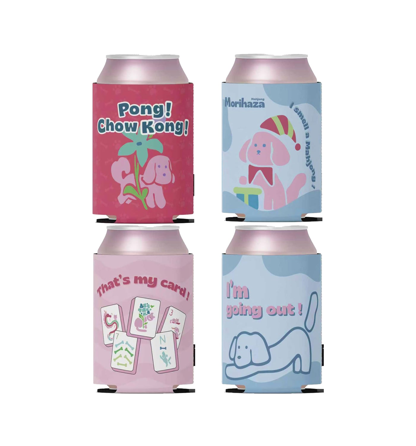 Morihaza 4-Pack Mahjong Pet Theme Can Cooler Sleeves - Short Design 11cm for Lip Comfort - Insulated Neoprene Beverage Holder for 12oz Cans - Keep Drinks Cold & Hands Dry - Perfect for Game Nights