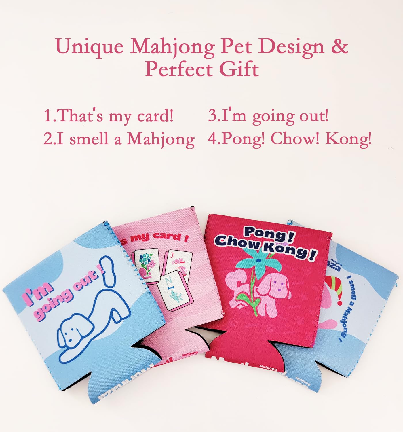 Morihaza 4-Pack Mahjong Pet Theme Can Cooler Sleeves - Short Design 11cm for Lip Comfort - Insulated Neoprene Beverage Holder for 12oz Cans - Keep Drinks Cold & Hands Dry - Perfect for Game Nights